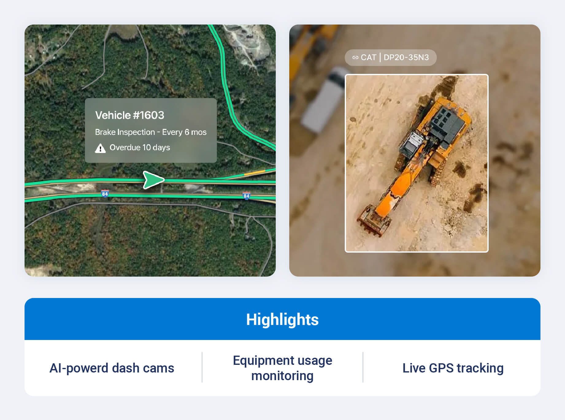 Samsara construction fleet platform highlighting AI-powered dash cams, live GPS tracking and equipment usage monitoring.